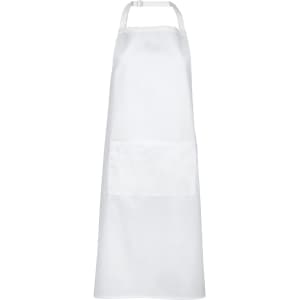 A white work apron featuring a front pocket and an adjustable neck strap. It includes a logo.