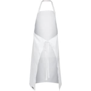 A white apron with a tie closure and a logo, designed for workwear use.