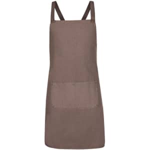 A brown canvas apron featuring a cross back design and a front pocket, with a logo on it.