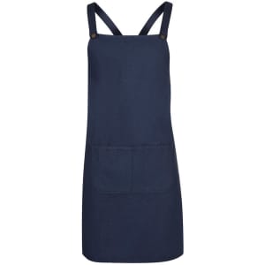 A navy blue cross back canvas apron featuring a front pocket and adjustable straps. Branding is present.