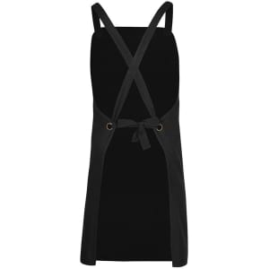 A black cross back canvas apron without a strap, featuring a tied closure and a logo.