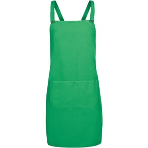 A green cross back canvas apron featuring a front pocket and adjustable straps. It has a simple logo on it.