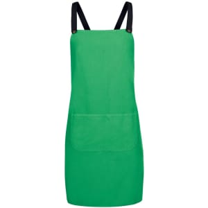A green cross back canvas apron with a front pocket and black straps. It features a logo on the front.