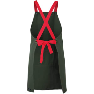 A green canvas apron with red cross-back straps and a tied bow at the waist. It features a logo.
