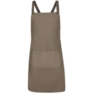A khaki canvas apron with a cross back design and a front pocket, featuring a logo on the side.