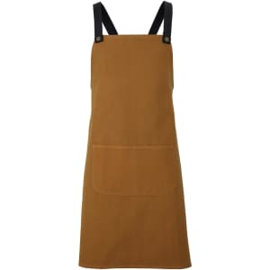 A brown canvas apron with black straps and a front pocket. It features a logo on the design.