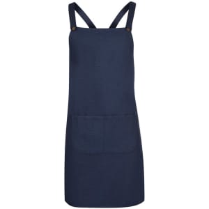 A navy cross back canvas apron featuring adjustable straps and a front pocket, along with a logo.