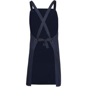 A navy canvas apron with cross back straps and a tie waist, featuring a simple design and a logo.