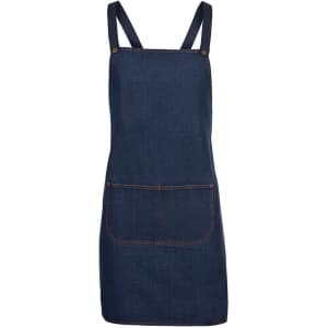 A dark blue denim apron with cross back straps and a front pocket, featuring metal buttons.