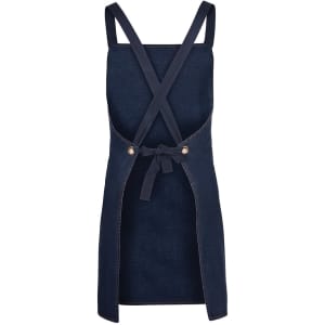 A navy blue cross back denim apron featuring a tied waist and a logo. Suitable for workwear use.
