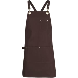A dark brown canvas apron with brass eyelets and adjustable straps, featuring a front pocket and branding.