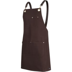 A brown canvas apron featuring brass eyelets and a PU strap, with pockets at the front for storage.