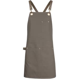 A khaki canvas apron featuring brass eyelets and adjustable PU straps, complete with a front pocket and a brand logo.