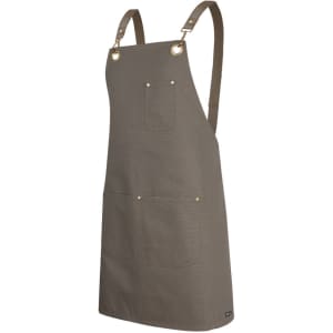 A khaki canvas apron with brass eyelets and a PU strap, featuring a front pocket and adjustable straps.