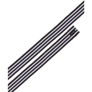 A striped apron strap in black, blue, and white, featuring two long pieces with a cut end.