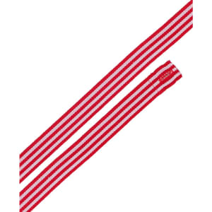 A red and white striped strap for an apron, featuring changeable elements and a sturdy design.