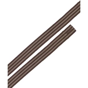 A brown and cream striped apron strap with a logo, designed for changeable fastening.