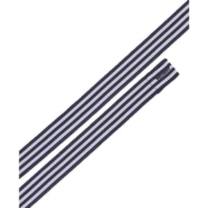 A navy and light blue striped cross back apron strap with a logo. Suitable for workwear use.