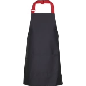 A black apron with red straps featuring a front pocket and a logo.