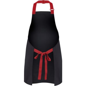 A black apron with red straps, featuring a bib design and a waist tie. Includes a logo.
