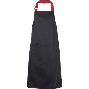 A black apron with red straps and a front pocket, featuring a logo on the chest area.
