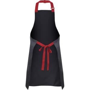 A black apron with red straps and ties, featuring a logo. Ideal for workwear use.