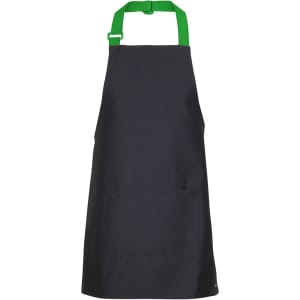 A black apron featuring green straps and a front pocket, designed for workwear use.