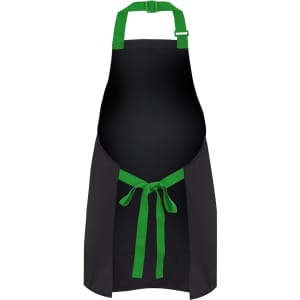 A black apron with green colour straps, featuring a waist tie and adjustable neck strap. It includes a logo.