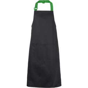 A black apron with a green strap and a front pocket, featuring a logo.