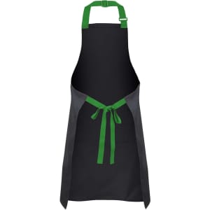 A black apron with green colour straps and ties, featuring a logo. Ideal for workwear use.