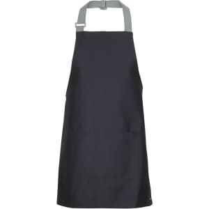 An apron in black featuring colour straps, with a front pocket and adjustable neck.