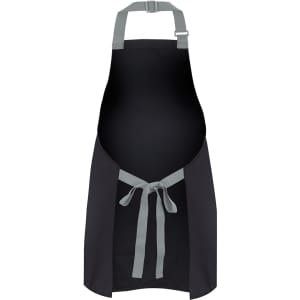 A black apron with grey straps, featuring a tied waist and adjustable neck. Contains a logo.