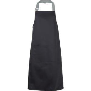 A black apron with colour straps, featuring a front pocket and adjustable neck strap.