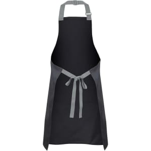 A black apron with grey straps and a tie, featuring a simple design and an adjustable neck.