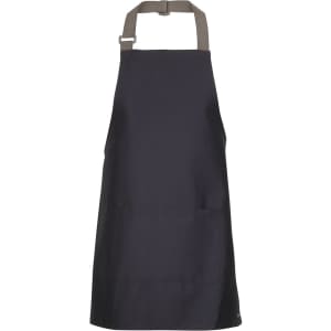 A black apron with colour straps and a front pocket, featuring a logo.