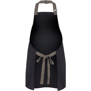 A black apron featuring grey straps and a tie waist, ideal for workwear. Includes a branding logo.