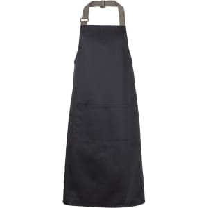 A black apron with colour straps, featuring a front pocket and an adjustable neck strap.