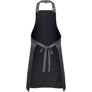 A black apron with colour straps, featuring a waist tie and an adjustable neck strap. It includes a logo.