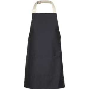 A black apron with colour straps and a front pocket, featuring a logo on the lower side.
