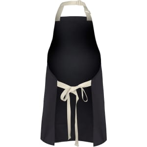 A black apron with colour straps, featuring a tie at the waist and a logo on the fabric.