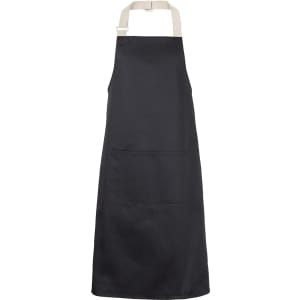 A black apron featuring beige straps and a front pocket, with a logo on the front.