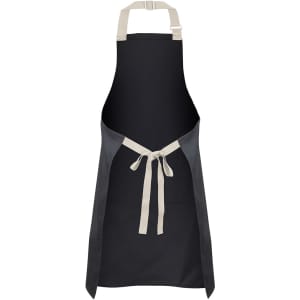 A black apron with light beige straps, featuring a front tie and a simple design. It has a logo.