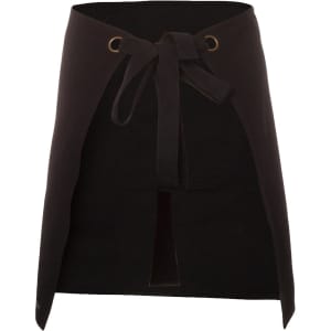 A black waist canvas apron with a tied strap and a front pocket, featuring a logo.