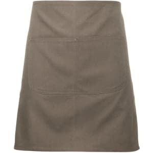 A green canvas waist apron featuring a large front pocket and a strap, designed for workwear.