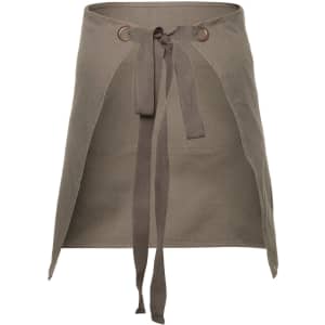 A khaki waist canvas apron with a strap, featuring eyelets and a tie closure. It has a simple, functional design.