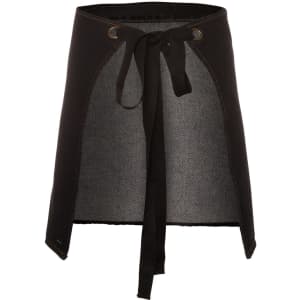 A black denim waist apron with a tie strap and an open design, featuring a logo on the fabric.