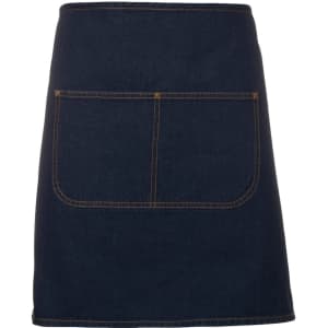 A dark blue denim waist apron featuring a large front pocket and contrasting stitching. It includes a strap.