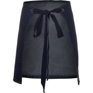 A denim waist apron in dark blue featuring a tie strap and an incorporated logo.