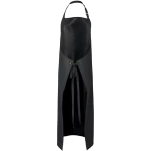 A black vinyl apron featuring an adjustable neck strap and waist ties, with a sleek, modern design.