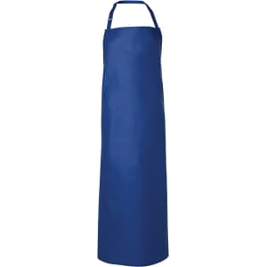 A blue vinyl apron, 120x90 cm, featuring a simple design and an adjustable neck strap. It has a logo on it.